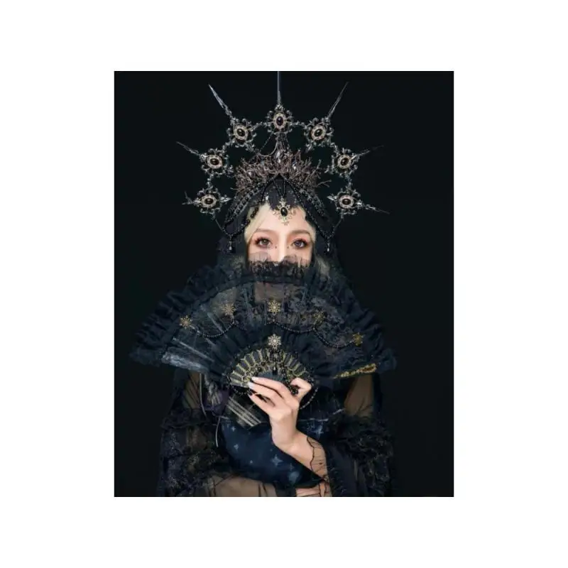 vintage black lace lolita fan hand made Gothic chain Anime cosplay Accessories Can't open and close fan