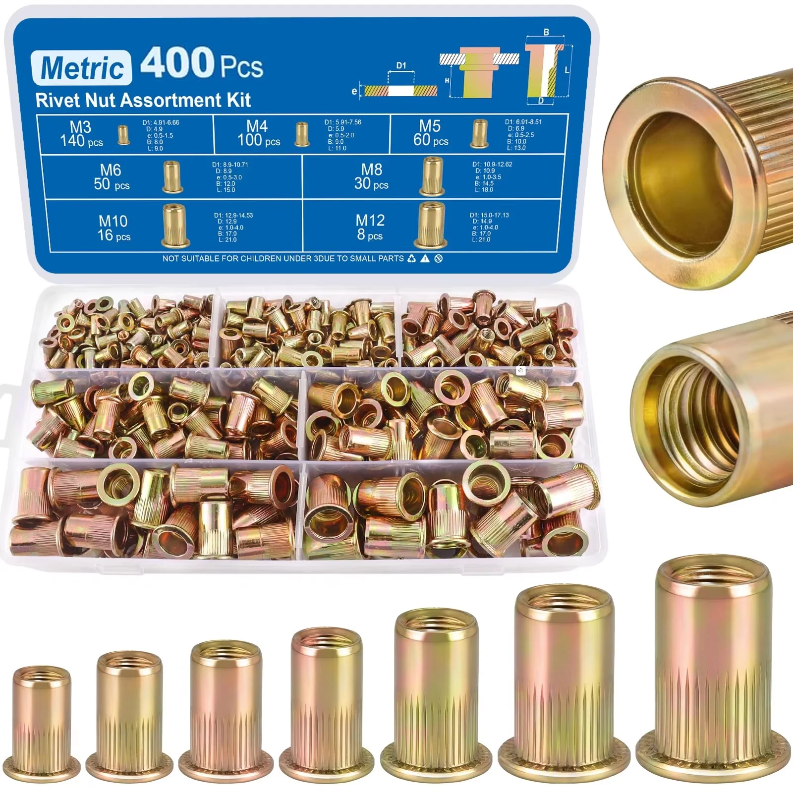400PCS M3-M12 Metric Rivet Nut Kit, Zinc Plated Iron Rivnuts, Knurled Threaded Inserts with Storage Case for Auto, Furniture, DI
