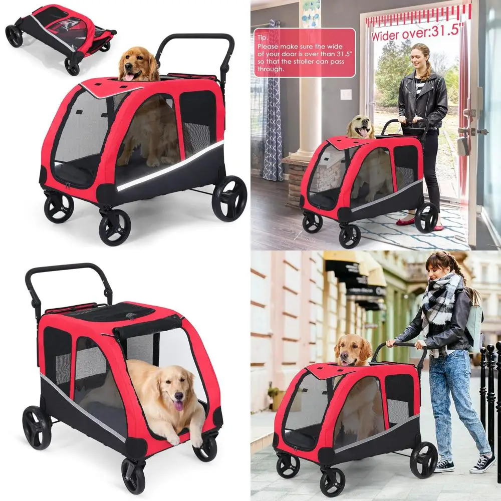 

Red Adjustable Handle Dog Stroller for 2 Medium Dogs or Large Pet, Up to 160 lbs Capacity, Foldable Design
