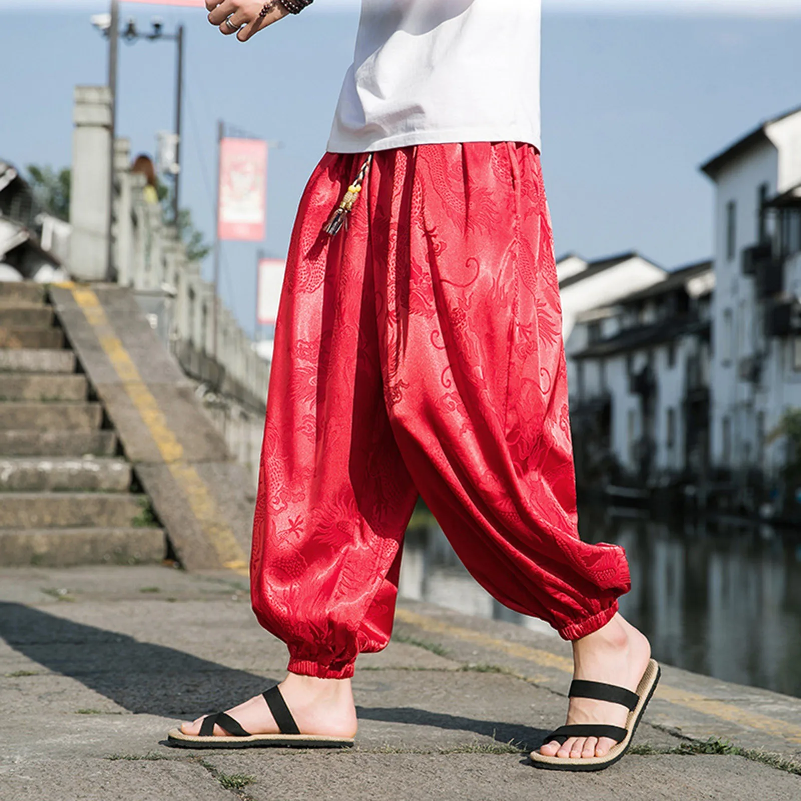 Mens Pants Summer Vintage Graphic Printed Elastic Waist Trousers Japanese Style Harajuku Oversize Hawaiian Beach Holiday Bottoms