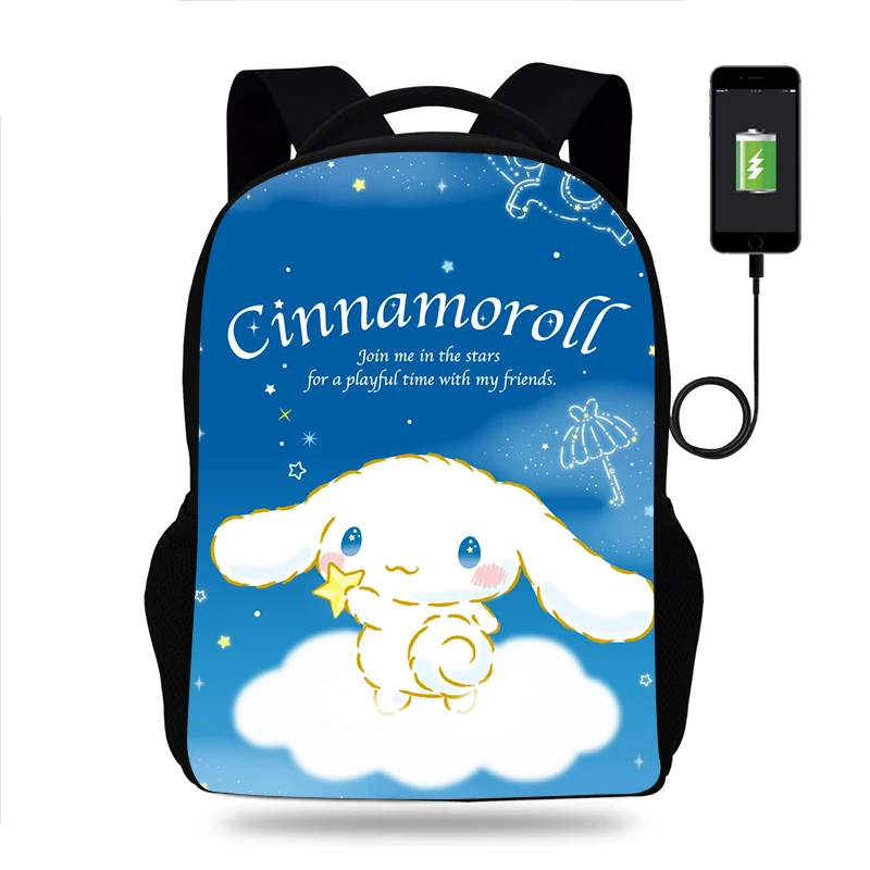 

Sanrio Cinnamoroll школьный рюкзак с зарядкой через USB, рюкзак с принтом, повседневная дорожная сумка на плечо, сумка для книг для мальчиков и девочек