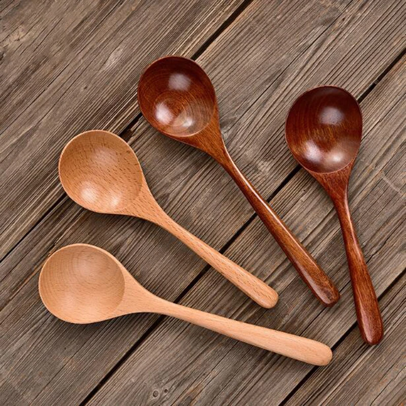 3Pcs/Set Japanese Style Long Handle Wooden Round Spoon Soup Spoon Stiring Tool Teaspoon Kitchen Tableware