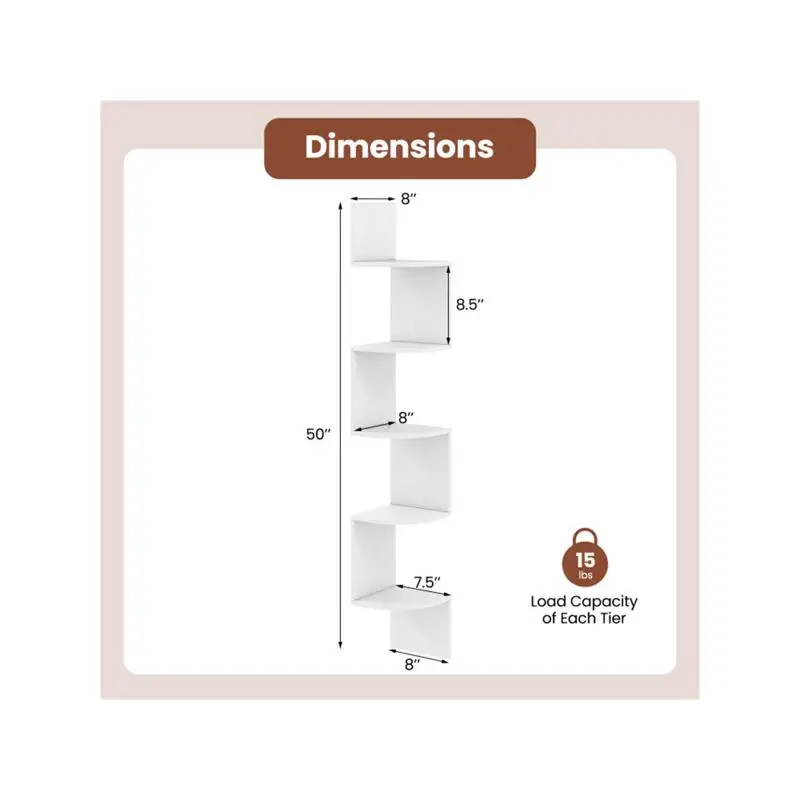 حامل رف كتب زاوية مثبت على الحائط باللون الأبيض مكون من 5 طبقات لتخزين وعرض موفر للمساحة