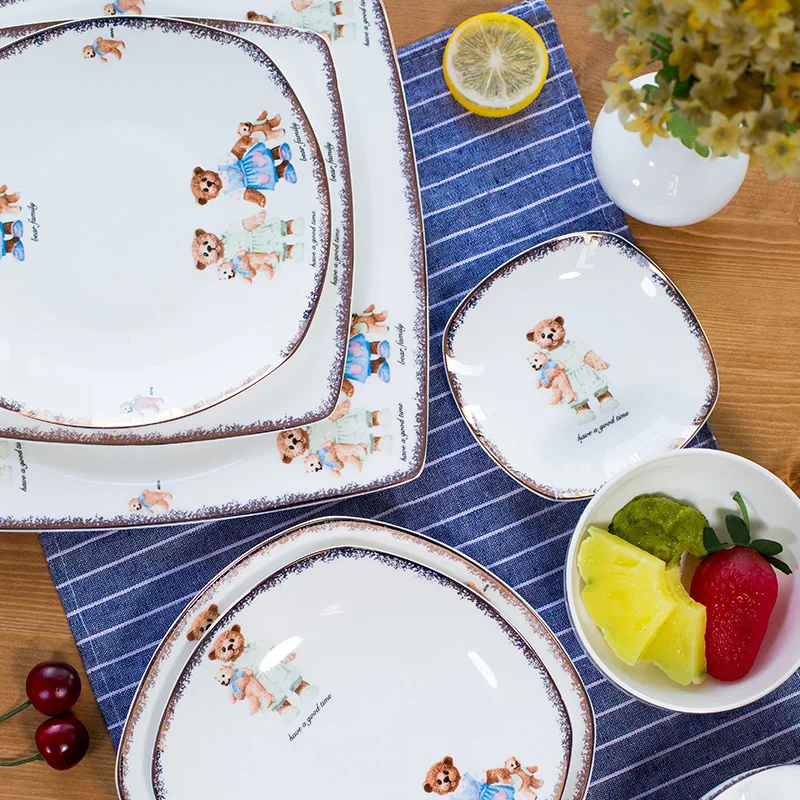 25pcs Set, Real Bone China Dinnerware Cute Bear Painting, Dinner Chafing Dish Plate, Ceramice Kitchen Food Containers Serve