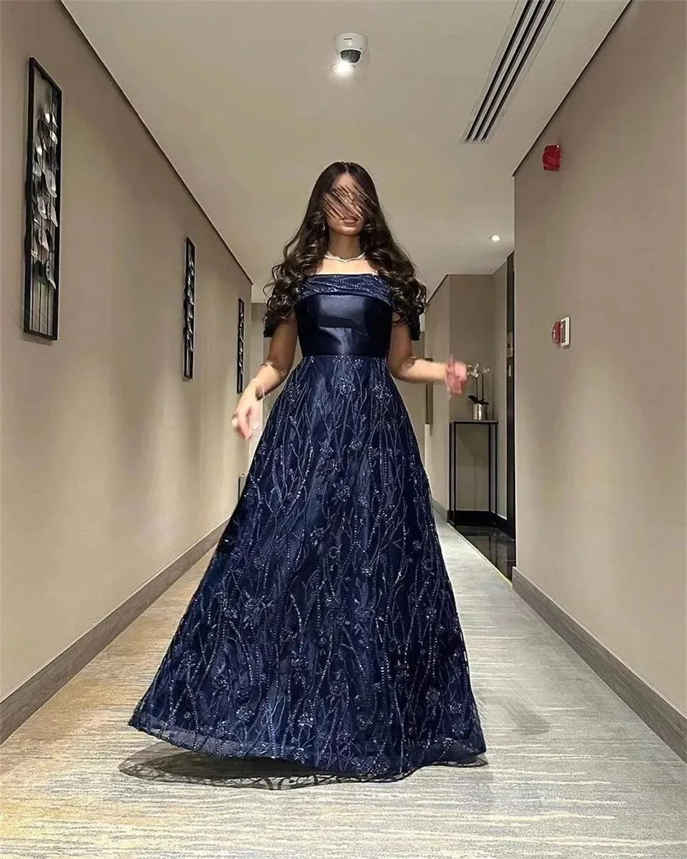

Navy Blue A-line Woman Evening Dress Sleeves2025 Elegant Sequin Long Ball Gown Formal Party Prom Wedding Guest Dress Customized