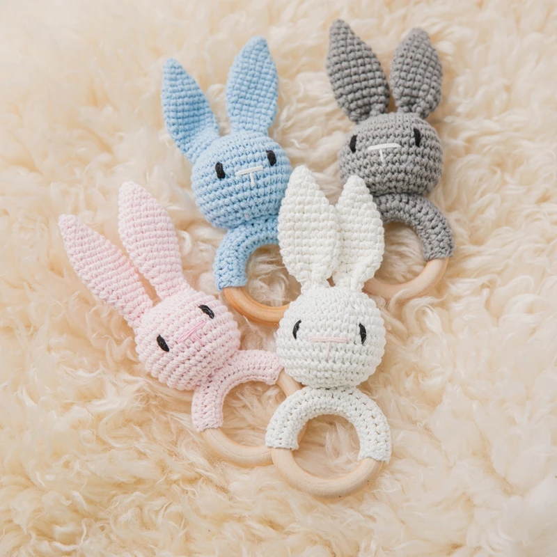 BPA Free Baby Rattle Wooden Teether Music Ring Crochet Animal Rabbit Music Rattles Soother Bracelet Toddler Toys Baby Teething