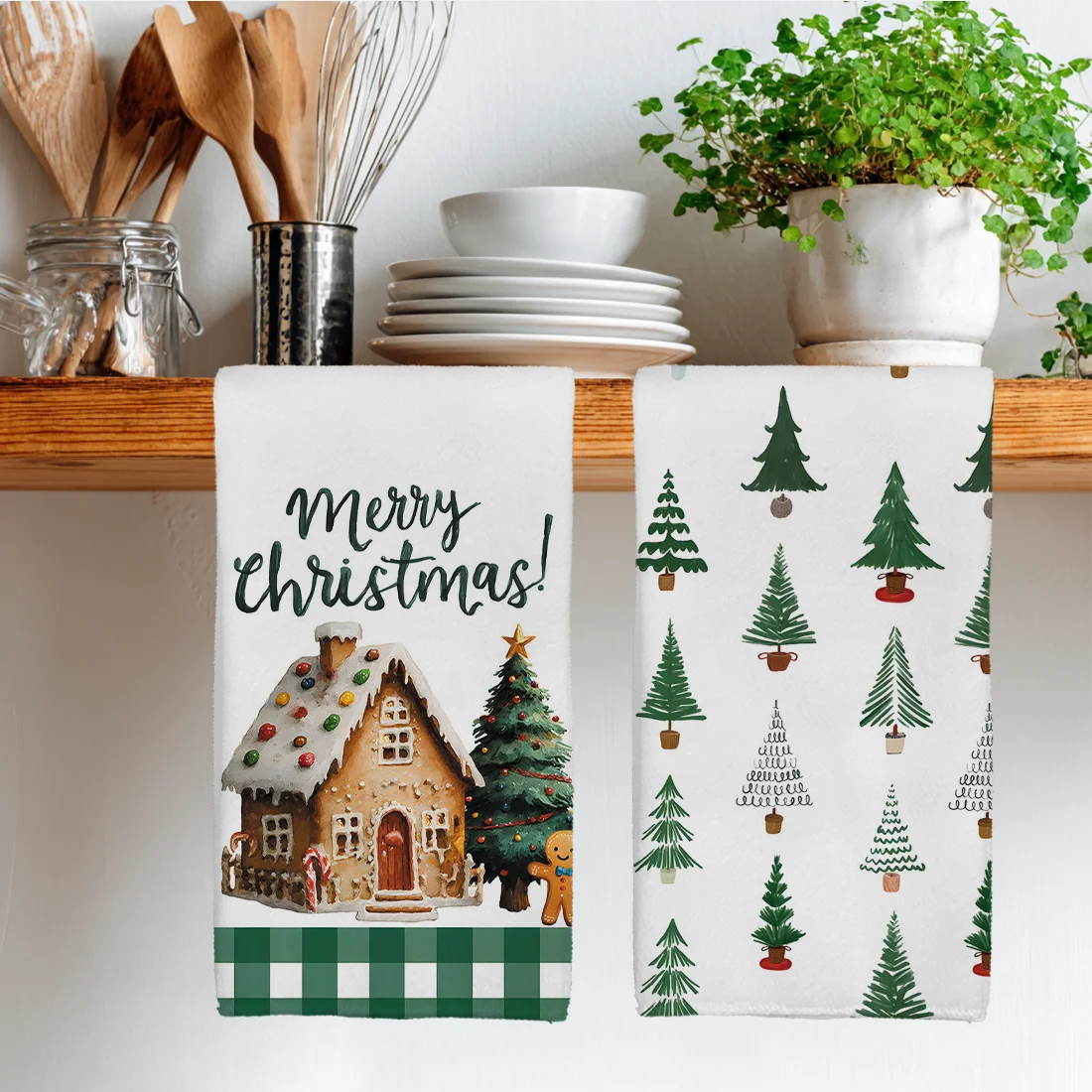 2PCS Christmas Tree Gingerbread Man Kitchen Towels Dish Towel Dish Cloths Holiday for Kitchen Christmas Decoration 40x60cm