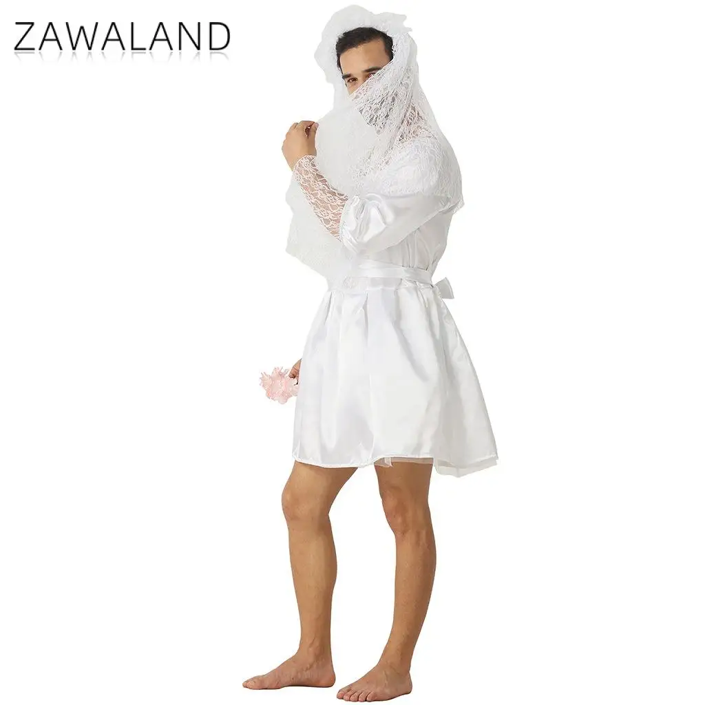 Zawaland Men Cosplay Bride Costume Holiday Party Funny Dress Stage Costume White Elegance Fashion Wedding Dress Clothes