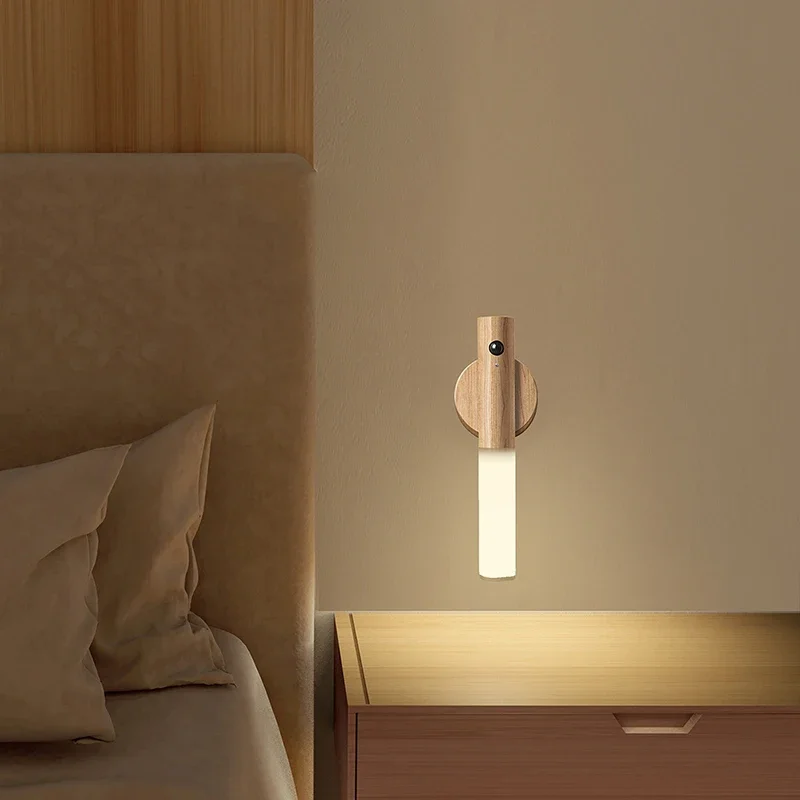 Creative Intelligent Auto Motion Sensor LED Rechargeable Magnetic Night Light Wood Wall Light Kitchen Cabinet Light Lamp