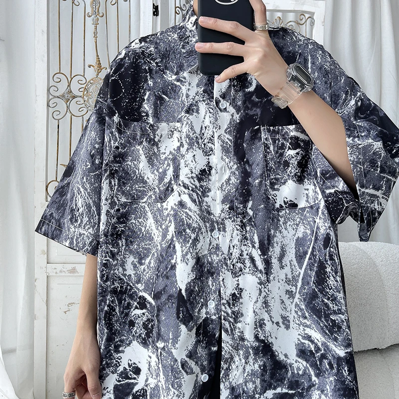 Men Hip Hop Harajuku Shirt Painting Graffiti Color Streetwear Loose Short Sleeve Trend Fashion Beach Shirts Casual Button Tops