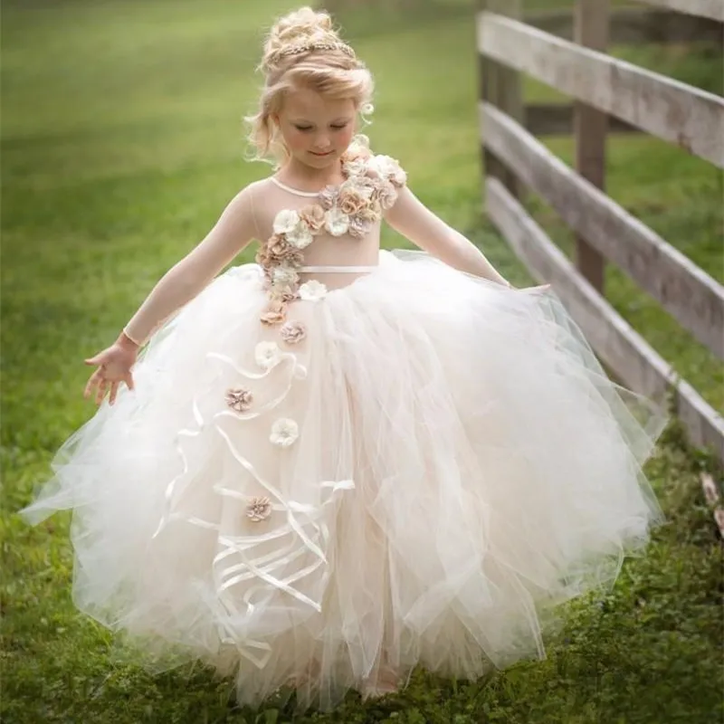 

Flower Girls Dresses Jewel Neck Crystal Puffy Skirt Toddler Birthday Party Gown Little Girl Pageant Dress