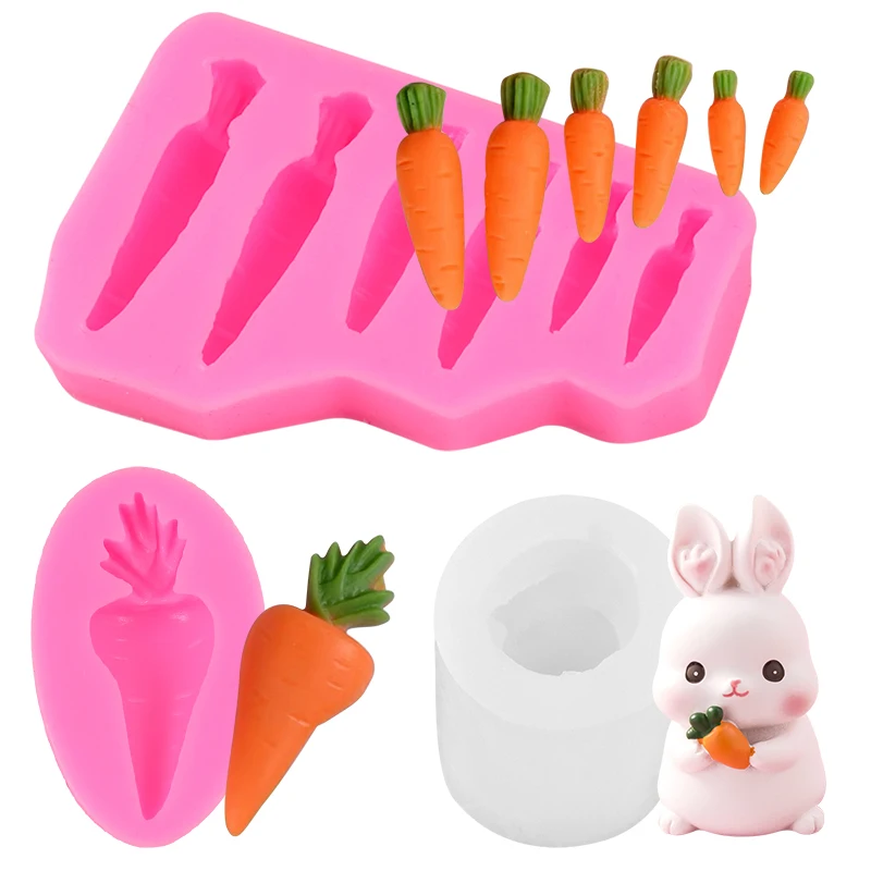 3D Easter Rabbit Silicone Mold Cute Bunny Model Carrot Fondant Cake Cookie Mould For Happy Spring Easter Party Cake Decor Tools