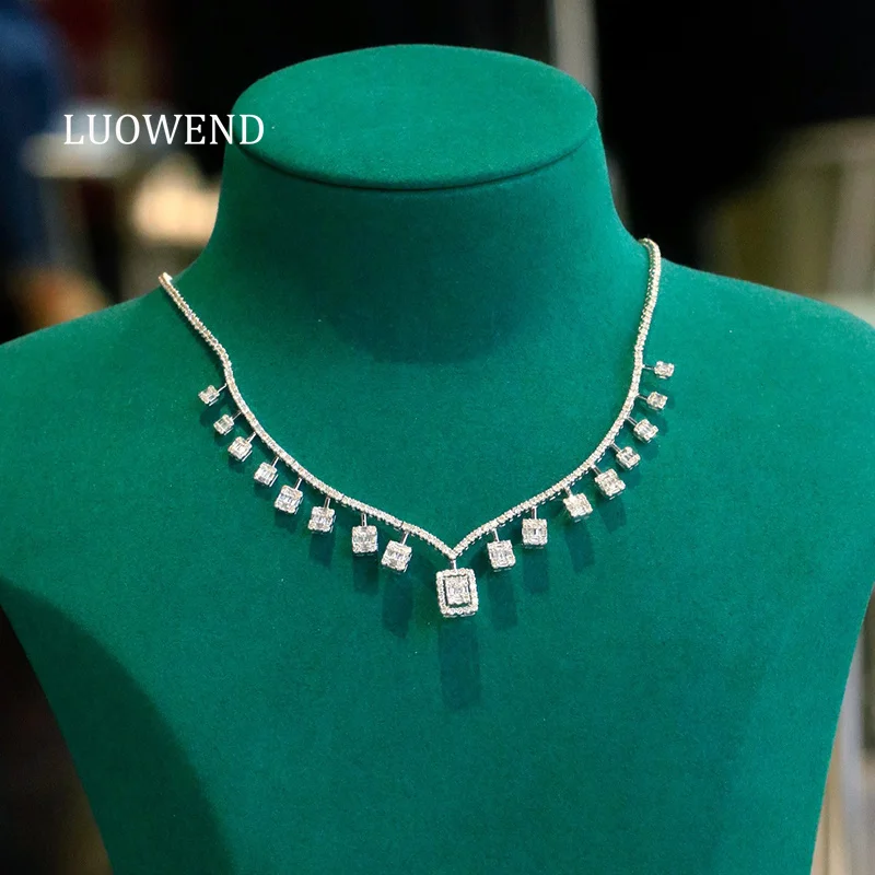 LUOWEND 100% 18K White Gold Necklace Women Luxury Romantic Style 4.50carat Real Natural Diamond Necklace High Party Jewelry