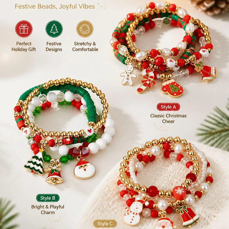 4Pc/Set Merry Christmas Tree Santa Claus Bracelet For Women Xmas Deer Crystal Polymer Clay Beads Woven Bracelet New Year Jewelry