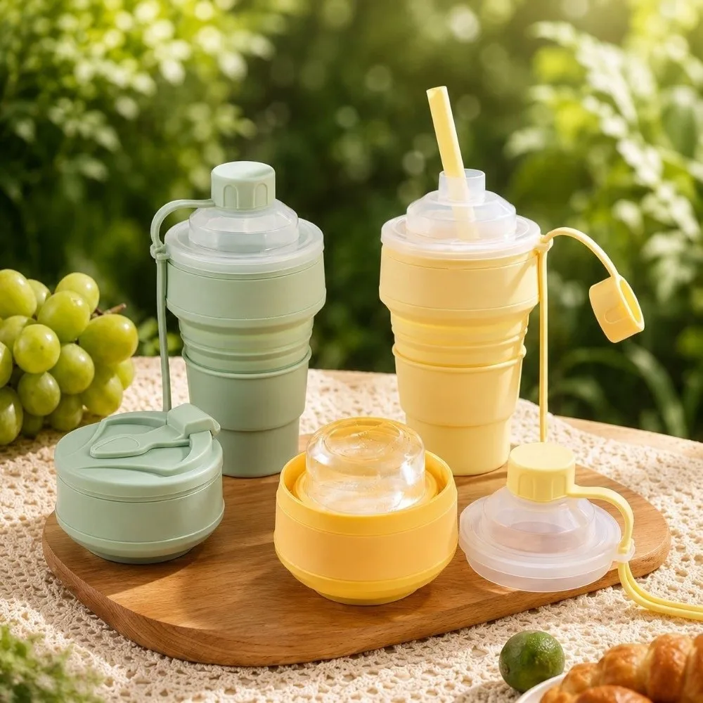 Silicone Foldable Ice Ball Cup Collapsible Reusable Collapsible Cup Foldable with Straw Lid Ice Mold Drink Cup Coffee Drinks