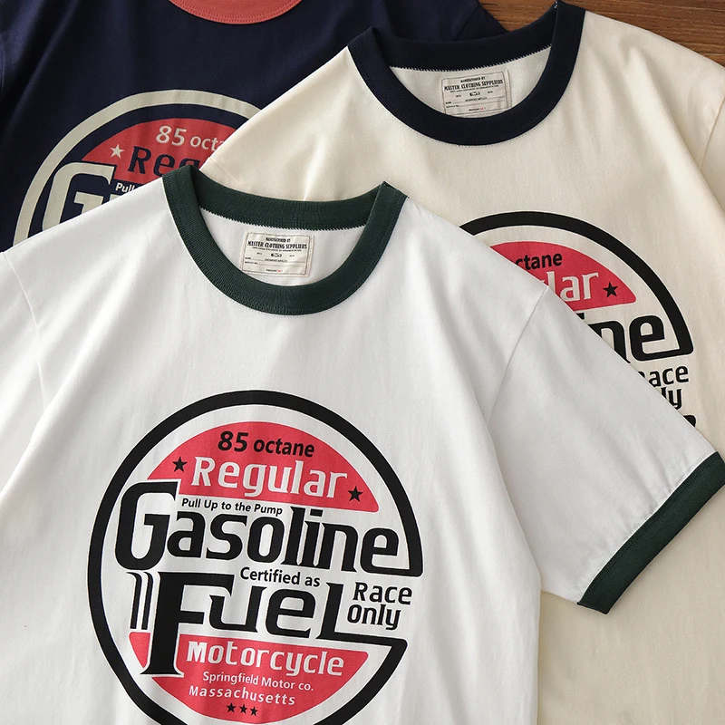 

Retro American T-irt Men's Summer Color Blo round Ne Letter Print ort Sve Tee Cotton Youth Casual Sle