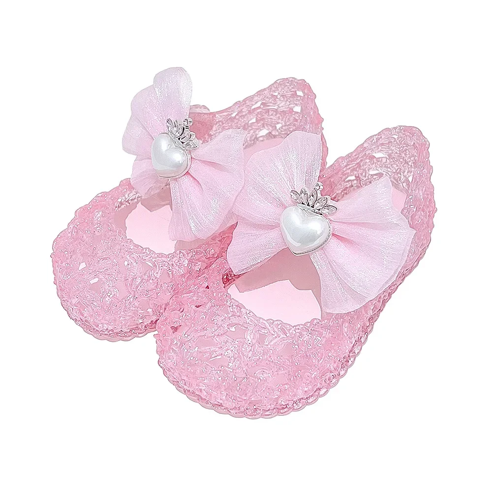 Shiny Fairy Princess Sandals for Girls Crown Love Pearl Sandals Bow Hollow Breathable Baby Casual Shoes Anti Slip Beach Shoes