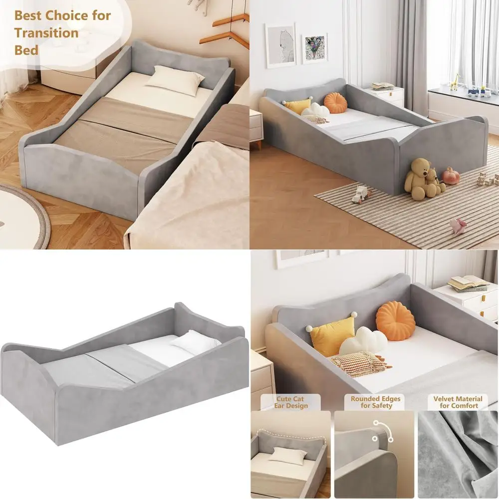 

Gray Velvet Toddler Bed with Safety Rail and Animal Ears, Mattress Not Included