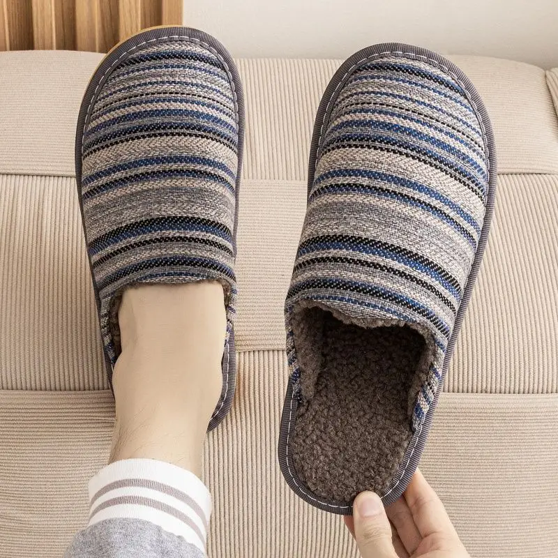 

​Winter Plush Cotton Linen Slippers for Couples Indoor Non Slip Furry Warmth Slippers with Soft Sole Japanese Minimalist Style​