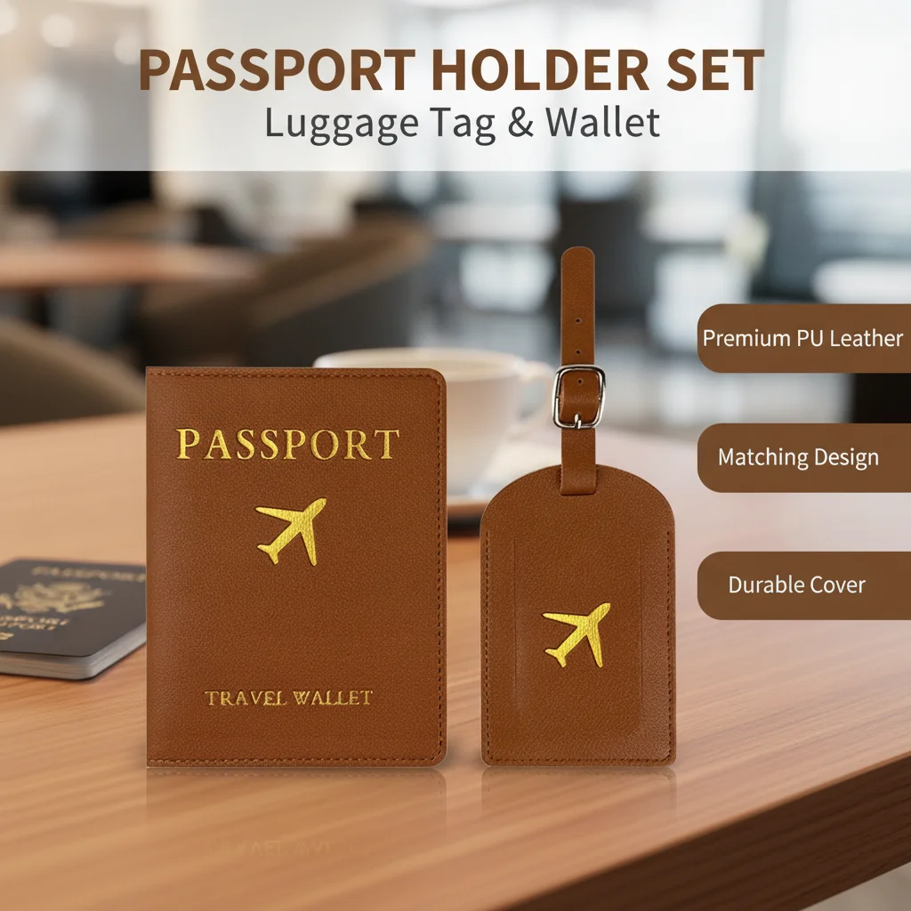 

Passport Cover & Luggage Tag Set, PU Leather Travel Wallet with Airplane Embroidery for Travelers