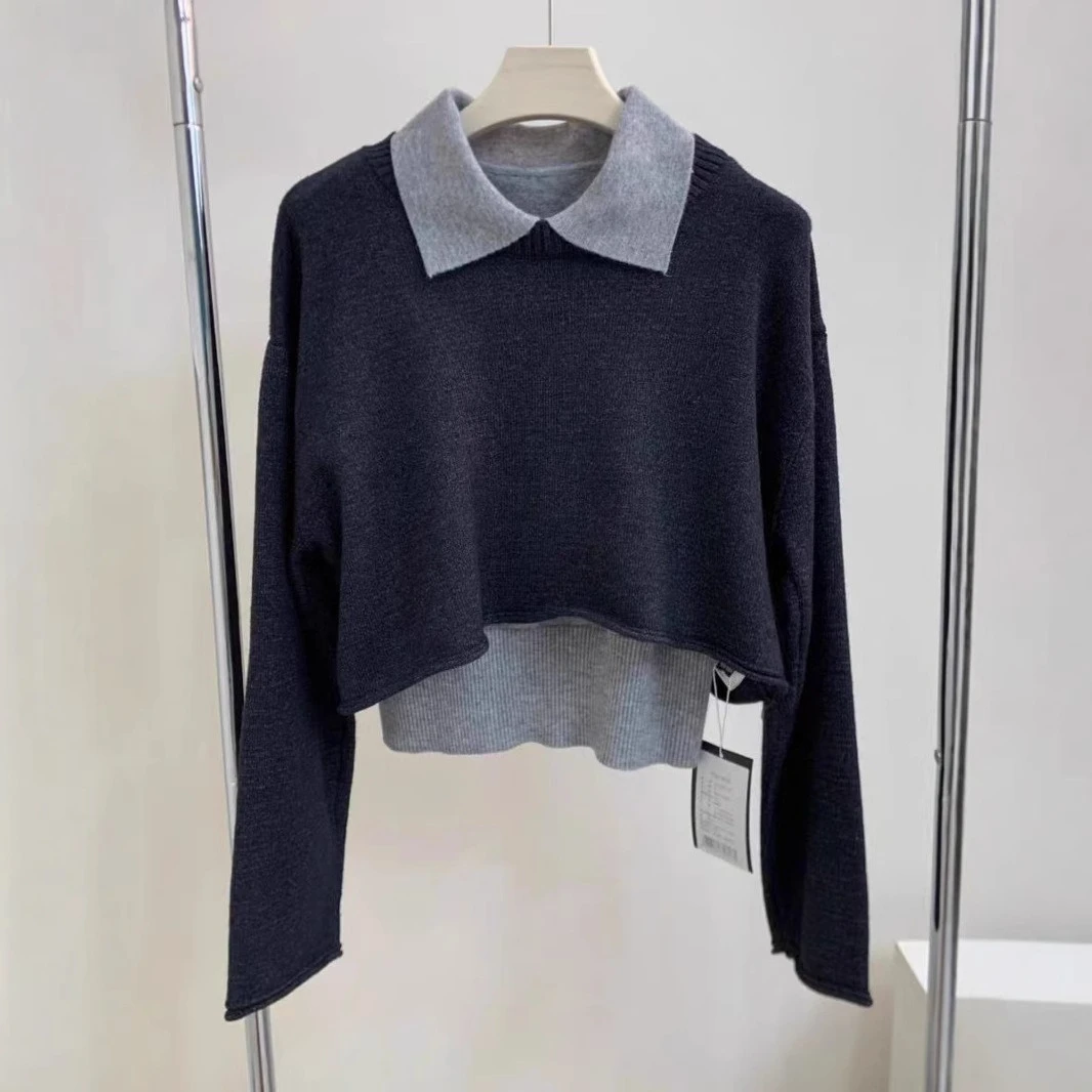 

2025 Women's Patchwork Fake Two-Piece Pullover, Long Sleeve, Slim Fit, Warm Autumn/Winter Clothing, Elegant Office Top