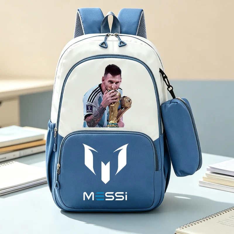 2PCS Football Superstar Messi Backpack Pencil Case for Student Teenager Book Bags Rucksack Travel Backpack Mochila Escolar gift image 2