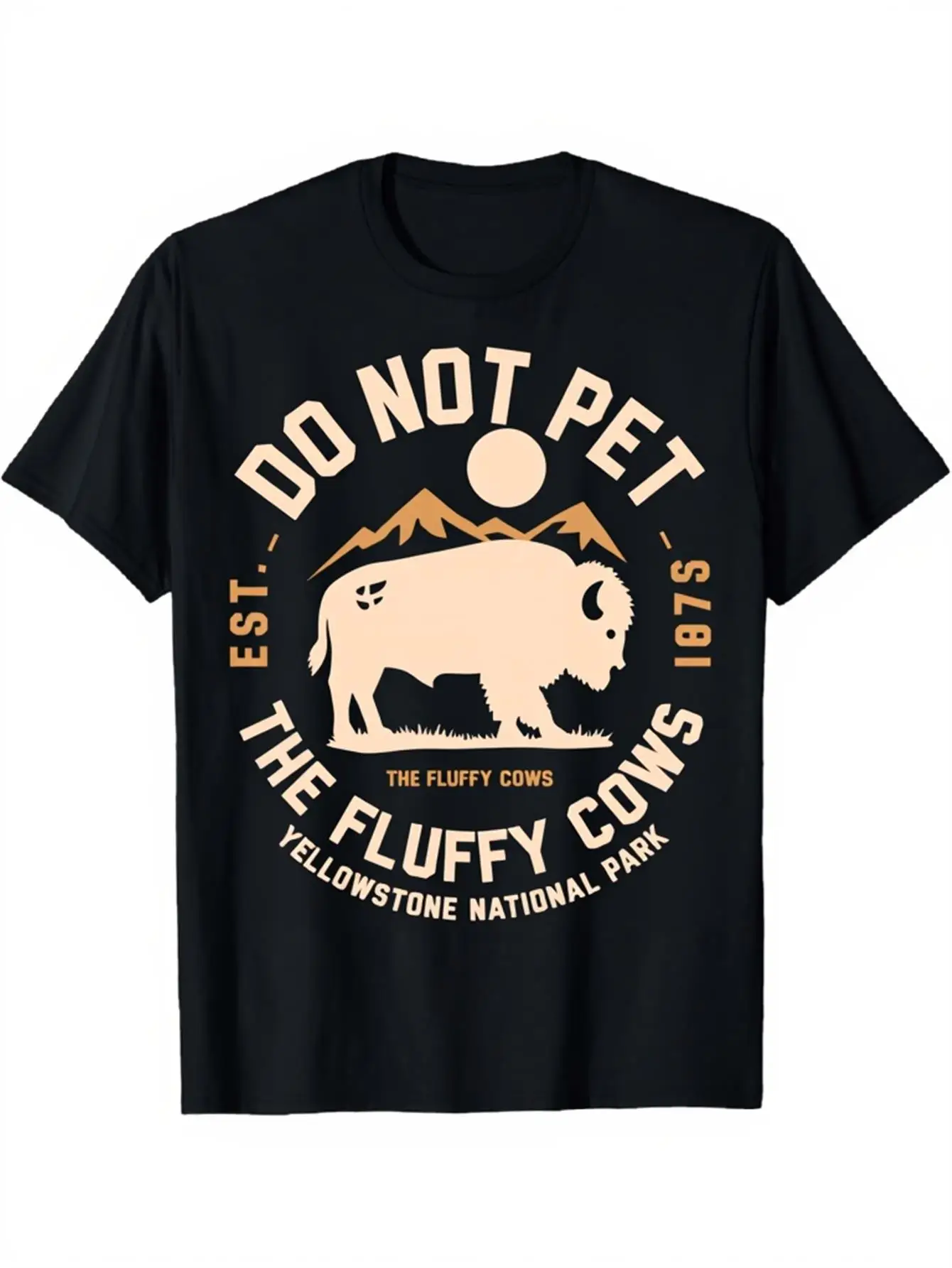 Funny Men's Black Graphic T-Shirt Buffalo Mountain Sunset Do Not Pet the Fluffy Cows Bold Letter Print 100% Cotton Heavyweight Short Sleeve Casual Streetwear Tee
