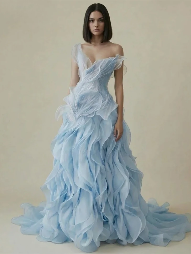 Customized  Elegant Dignified Unique Sky Blue Asymmetrical Off Shoulder Wedding Dresses Exquisite Ruffled Organza Bridal Gown