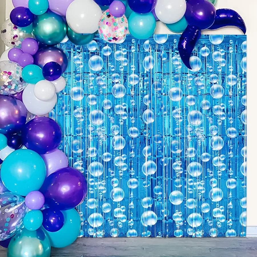 Under The Sea Party Decorations 2 Pcs Blue Bubble Garland Streamers Tinsel Foil Fringe Curtain Backdrops for Mermaid Ocean Beac