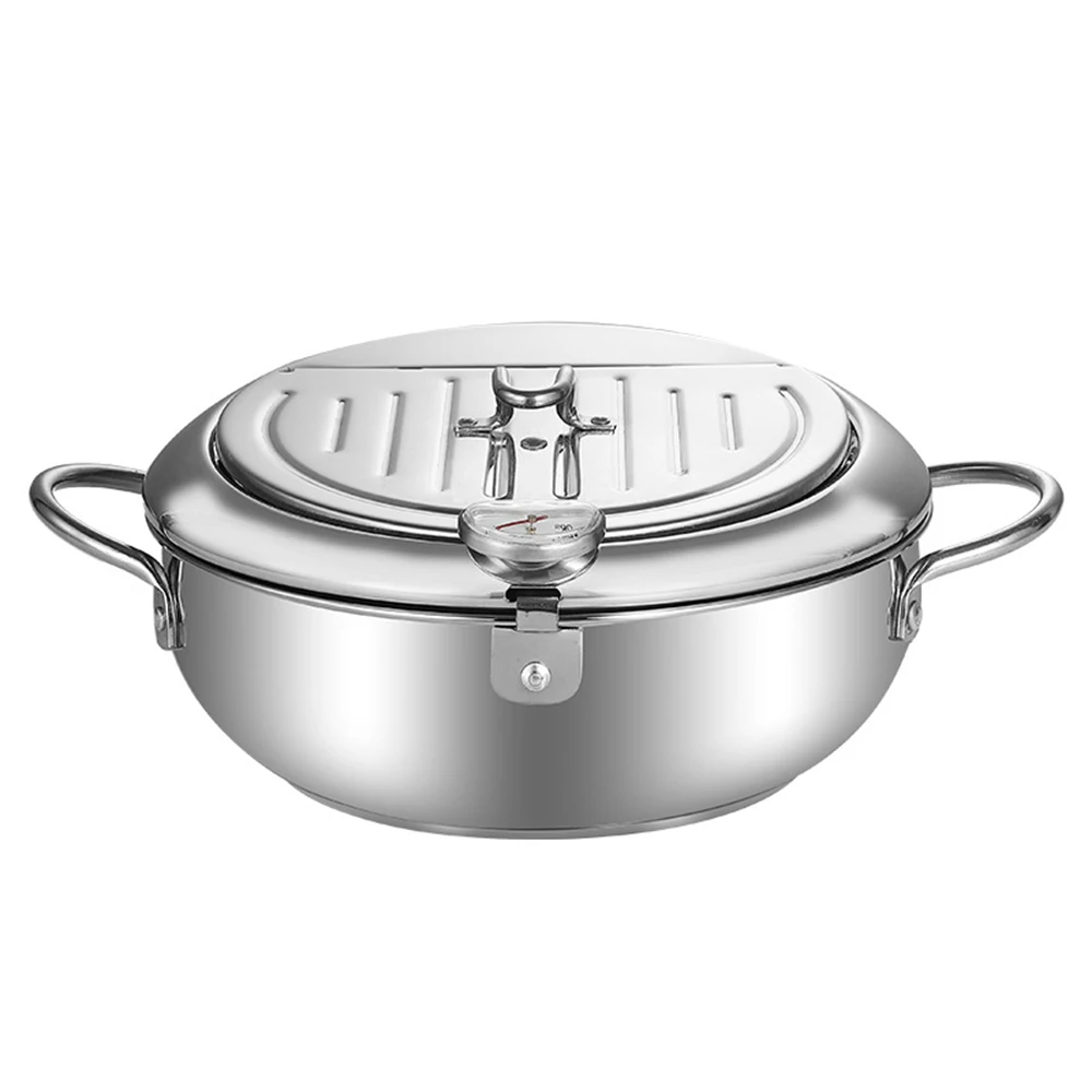 20cm 24cm SUS304 Stainless Steel Tempura Deep Fryer With Lid and Thermometer, 4.2L Large Pot for Gas Stove Induction Cooker