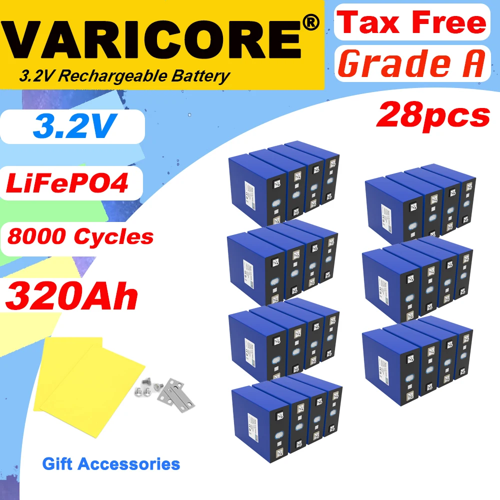 

28pcs 3.2V 320Ah Lifepo4 Battery Lithium Iron Phosphate Cell 4s 8s 12v 24v Travel Solar RV Campers batteries Grade A Tax Free