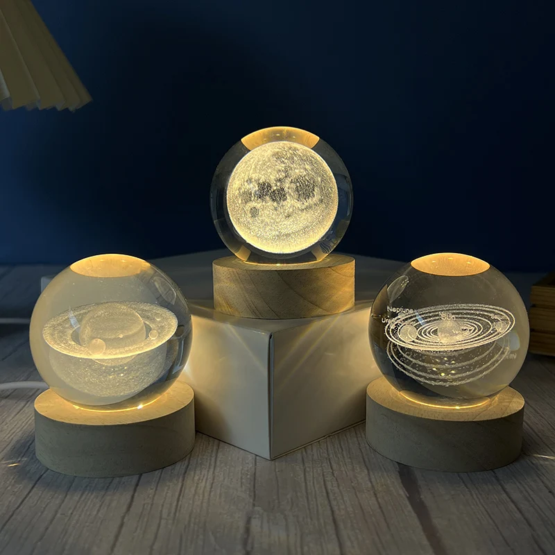 USB Night Light LED Galaxy Crystal Ball Table Lamp 3D Planet Moon Lamp Kids Birthday Party Gifts Bedroom Home Desktop Decoration