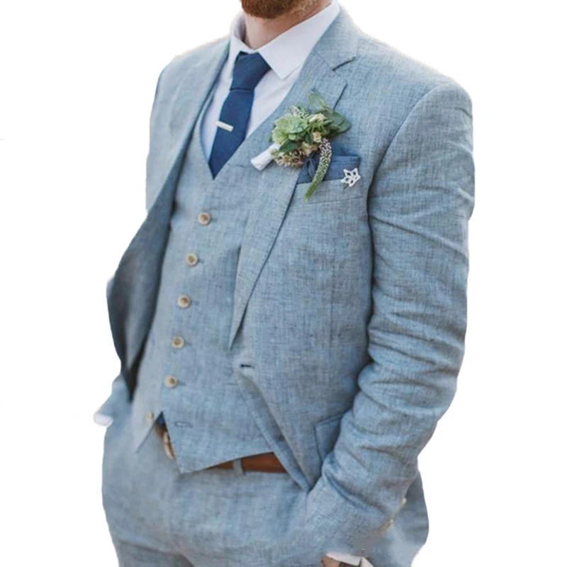 

Custom Made Linen Men Suits Groom Tuxedos Linen Groomsman Suit Summer Blue Suits for Wedding Wear (Jacket+Pants+Vest) Terno