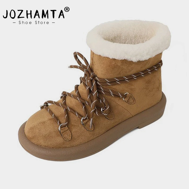 JOZHAMTA Size 34-40 Snow Boots For Women Plush Fur Flats Heels Shoes Winter 2025 Platform Warm Furry Lace Up Ankle Boots