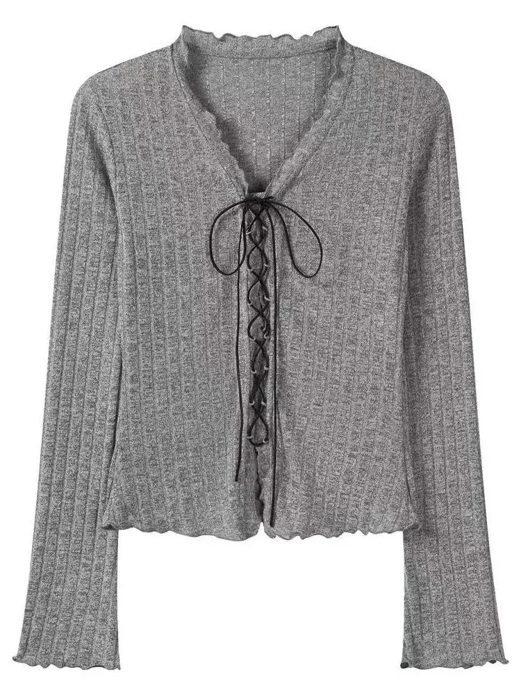Retro Knitted Long Sleeve T-Shirt Women's Spring Autumn New Style Inner Wear Base Shirt Top with Drawstring Bowtie