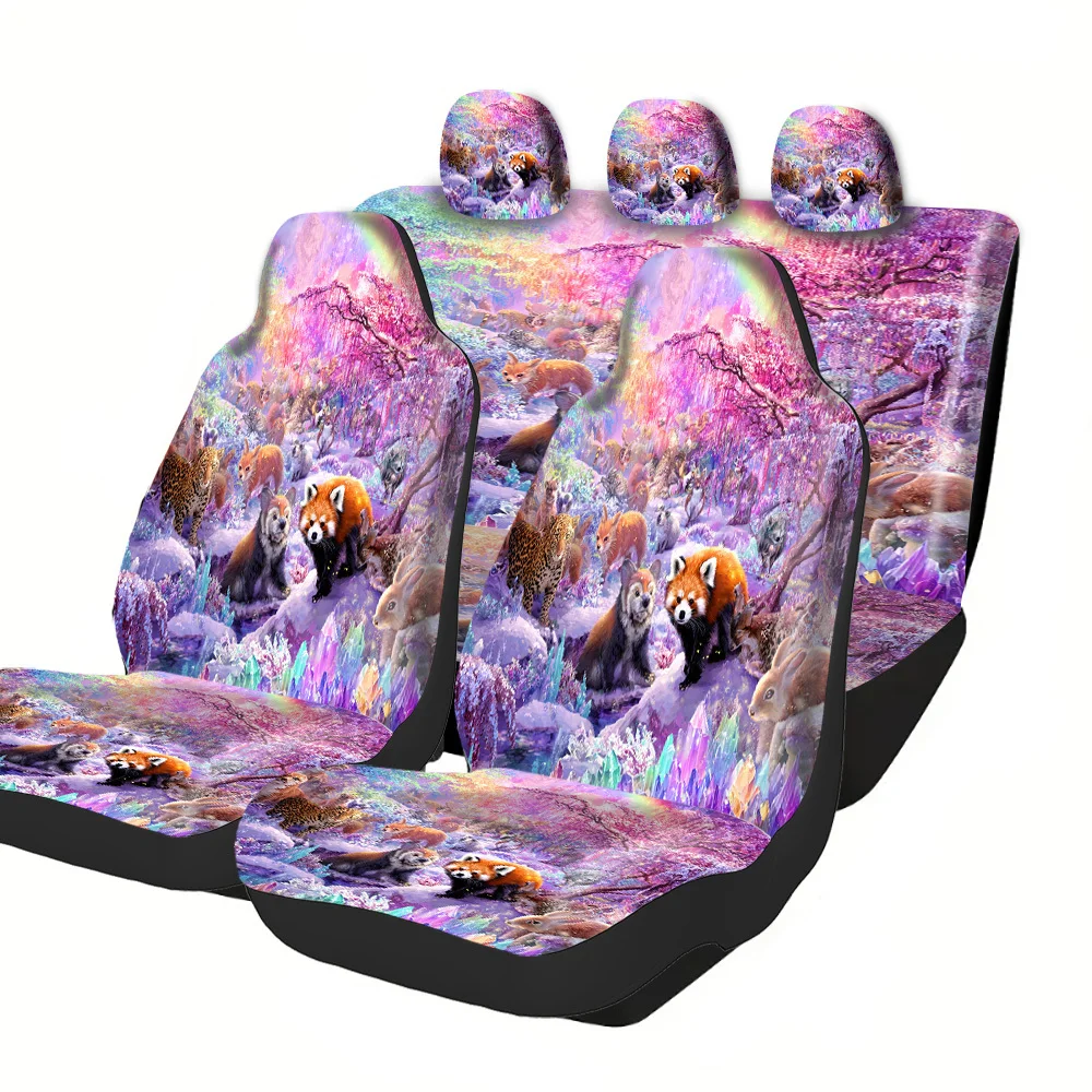 2-5 Seat Set Car Seat Covers Enchanted Animal Forest Fantasy Pattern Premium Polyester Fabric Universal Fit For Truck SUV Off-Ro