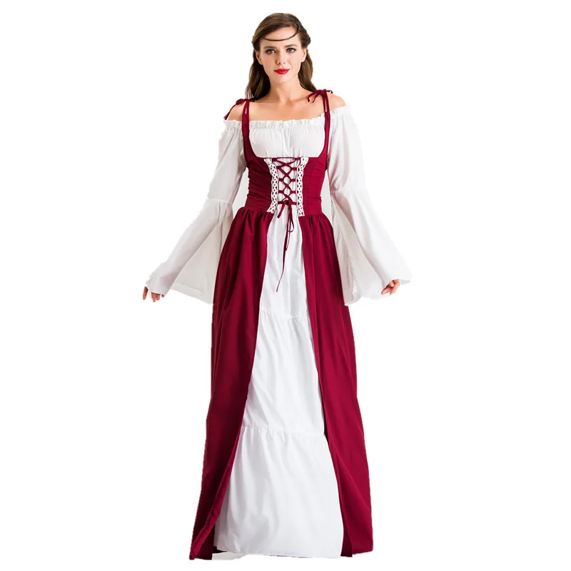 Middeleeuwse Renaissance Retro Gothic Strapless Jurk Lange Mouwen Ruches Rand Stoom Punk Vest Cosplay Role-Playing Prinses Gewaad