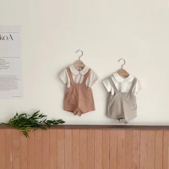 2023 여름 신상 아기 단색 반바지, 아동용 작업복, 남아 여아 스트랩 반바지, 얇은 코튼 유아복 