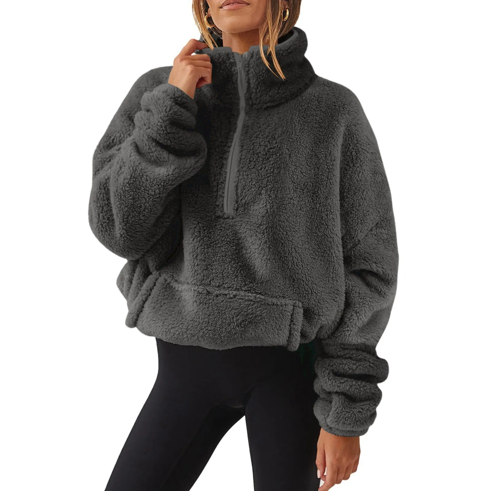 

Female Winter Warm Wool Plush Fashion Casual Long Sleeve Pocket Drawstring Half Zipper Thick Pullover Sweatshirt