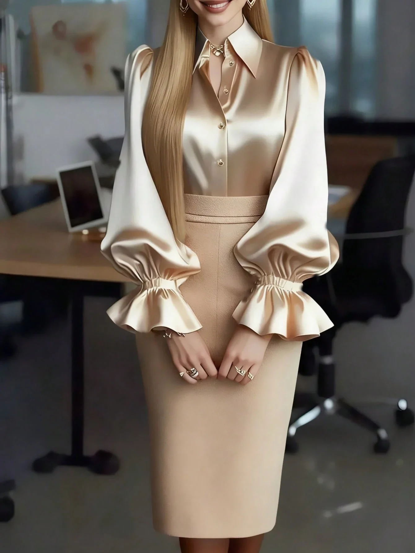 

Elegant Satin Blouse With Puff Sleeve And Ruffle Cuff For Women Office Casual Wear