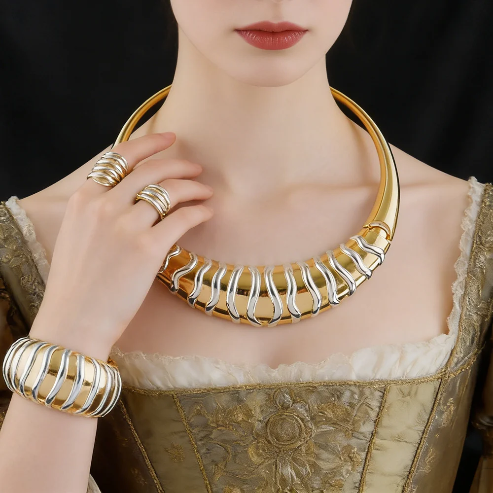 Vergoldetes Ohrringe- und Halsketten-Armband-Ringe-Set für Damen Italienischer Vintage Hochzeits- und Partyschmuck Geschenkset – Detail 15