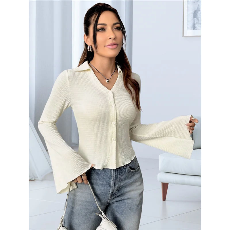 ABRT-Women's Casual Long Bell Sleeve Button Down Blouse Lettuce Collar Shirt Work Blouse