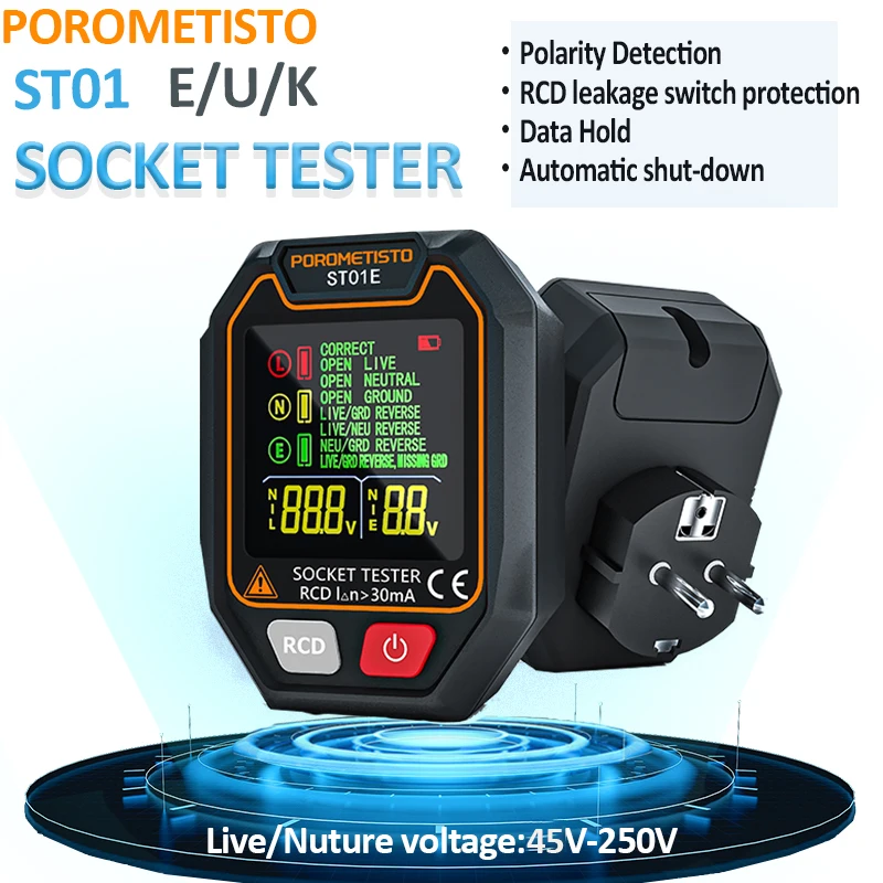 POROMETISTO ST01 Tester presa digitale con schermo a colori Controllore presa UK EU US Rilevatore presa dati Mantenimento polarità e tester RCD