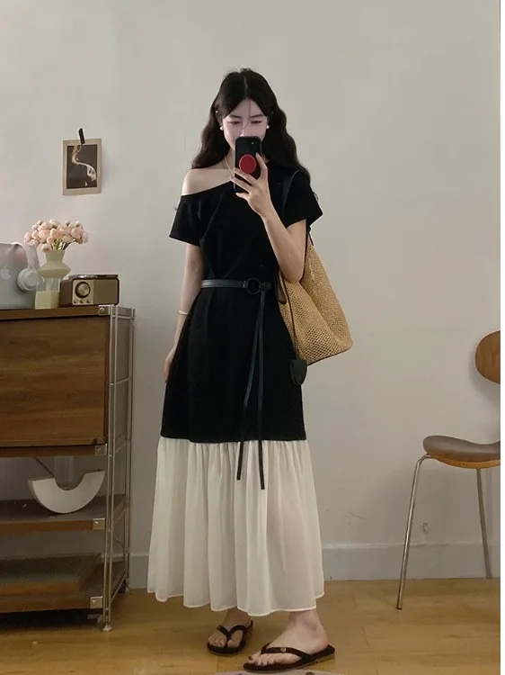 

plus Size Women's Ele Color Blo oulder Bared Dr Summer New Design Sli Long Dr Commute Sle High Waist or...