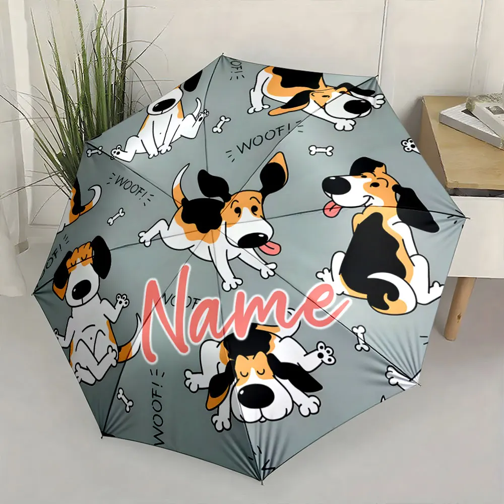 Custom Name Playful Dog Pattern Umbrella Design 8 Iron Ribs Folding Umbrella Auto-Open Fashionable Sunshade Deluxe Gift