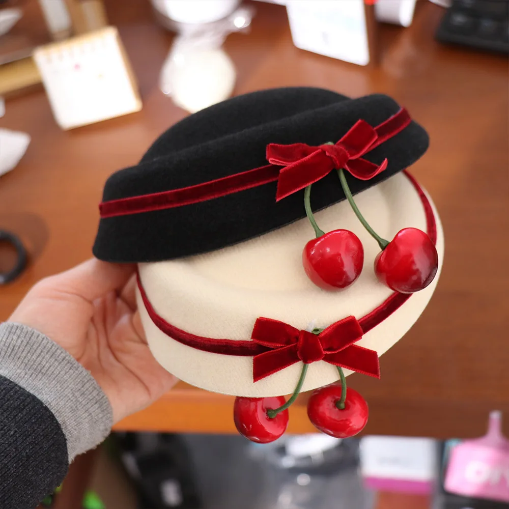 

Velvet Bow Cherry Hat Hairpin Headdress French Style Round Hat Hair Clip Hair Accessories Beanie Hat Women Hairpin Photography