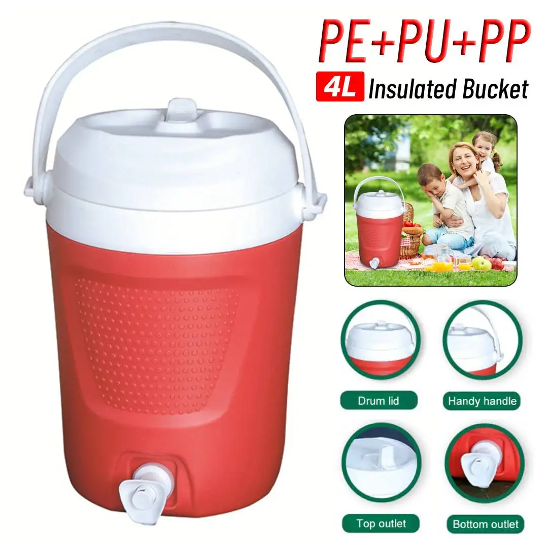 

4L Insulated Bucket Handle Portable Water Cooler 2 Water Outlet Cold & Hot Preservation Camping Beverage Refrigeration Bucket