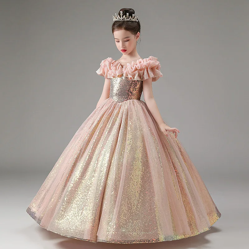 4-13 Years Elegant Evening Forma Dresses Little Girls Princess Party Gown Teen Girls Costume Cosplay Sparkle Sequin Ruffle Dress