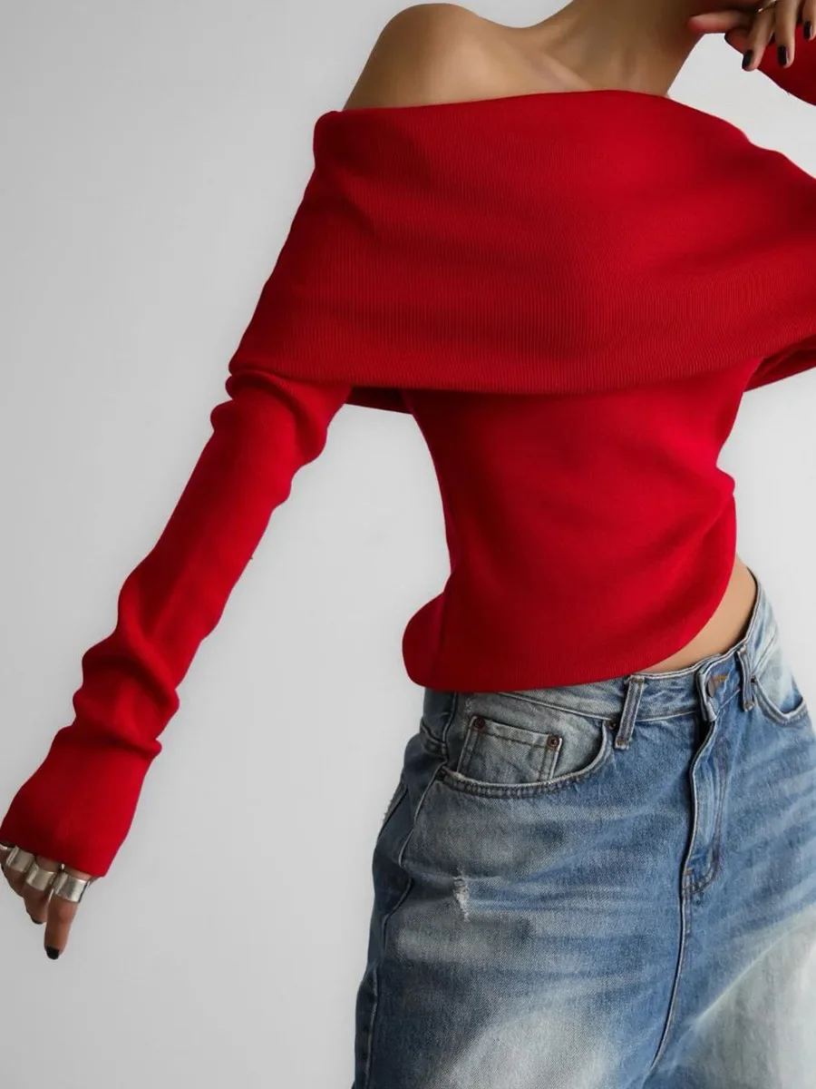 Elegant Red Off Shoulder Sweater for Women Autumn Fashion Long Sleeve Knitted Pullovers Female Casual Slim Jumpers 2024 Knitwear