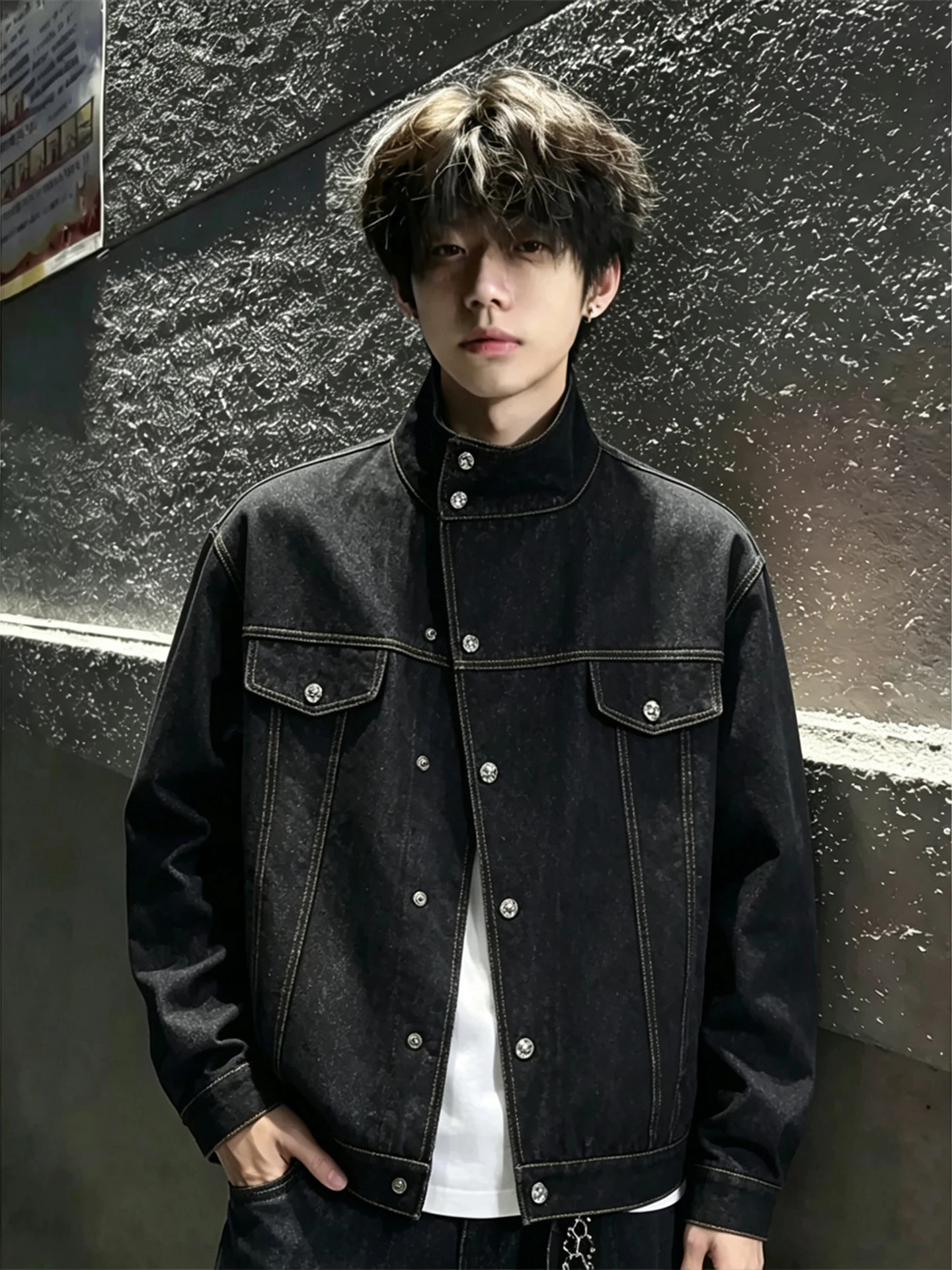 Black Original Denim Stand Collar Men's Jacket Autumn American Boxy Short Wide Shoulder Deconstructed Workwear Jacket